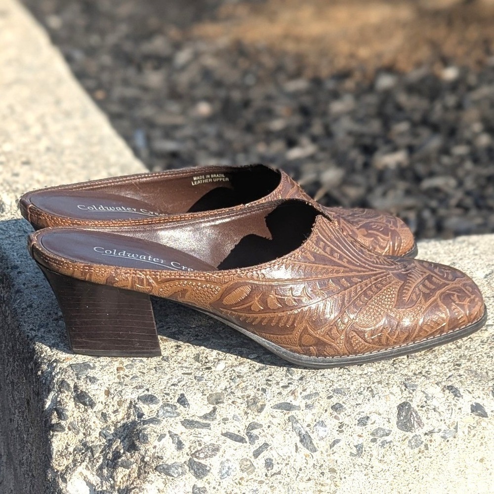 Western Tooled Leather Mules Brown Boho Cowboy Coldwater Creek Brazil 7M